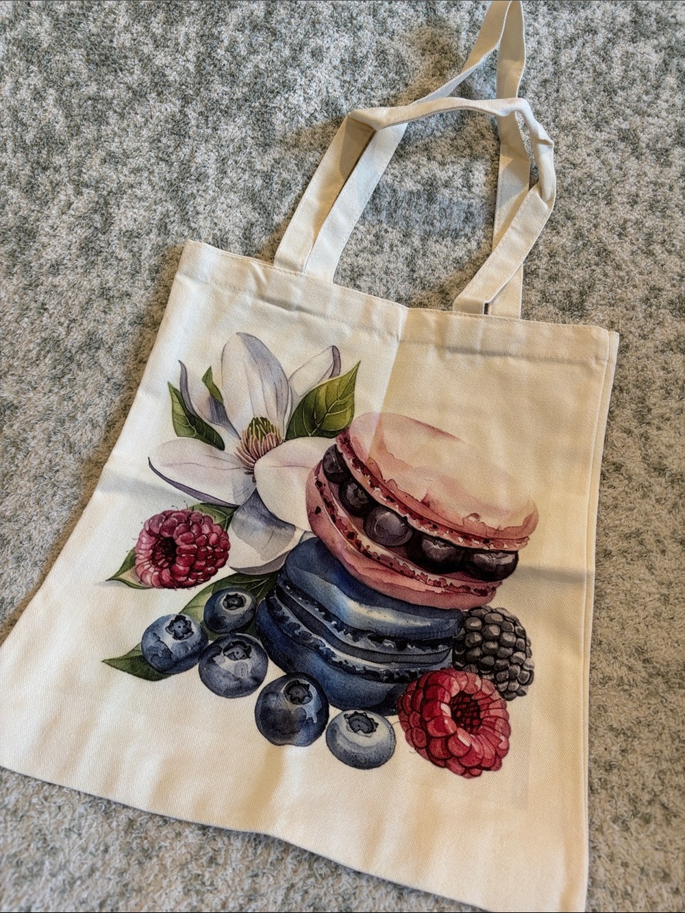 Raspberry Blackberry Macarons Cotton Canvas Tote Bag 1sided NWT 13.75x15”